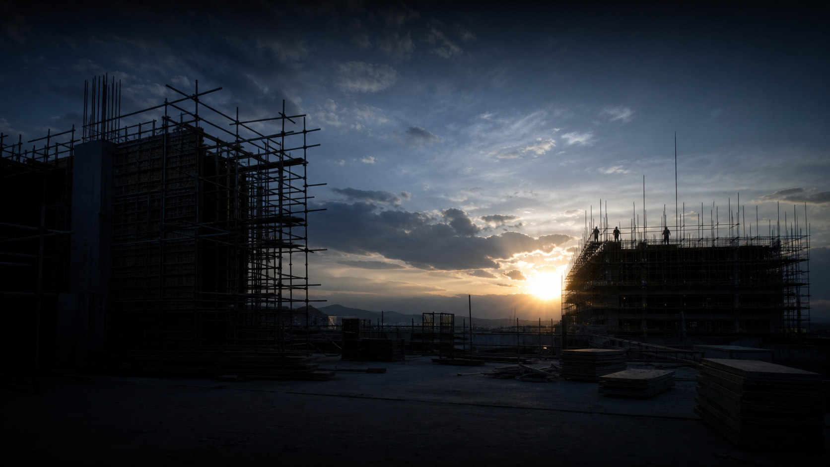 夕暮れの建設現場の足場と型枠